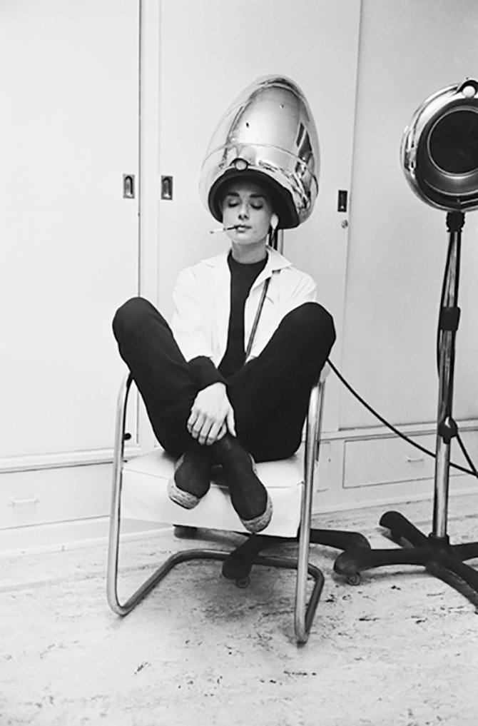 Audrey Hepburn Smoking Under a Hair Dryer, 1953